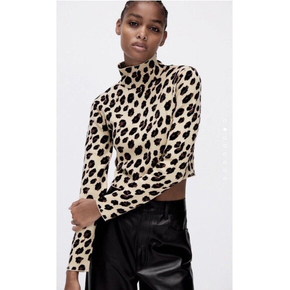 Zara Jacquard Knit Leopard Top Small Animal Print Long Sleeve Sweater Backless - Picture 2 of 9